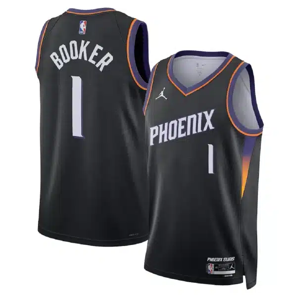Unisex Phoenix Suns Devin Booker #1 Black Swingman Jersey – Statement Edition